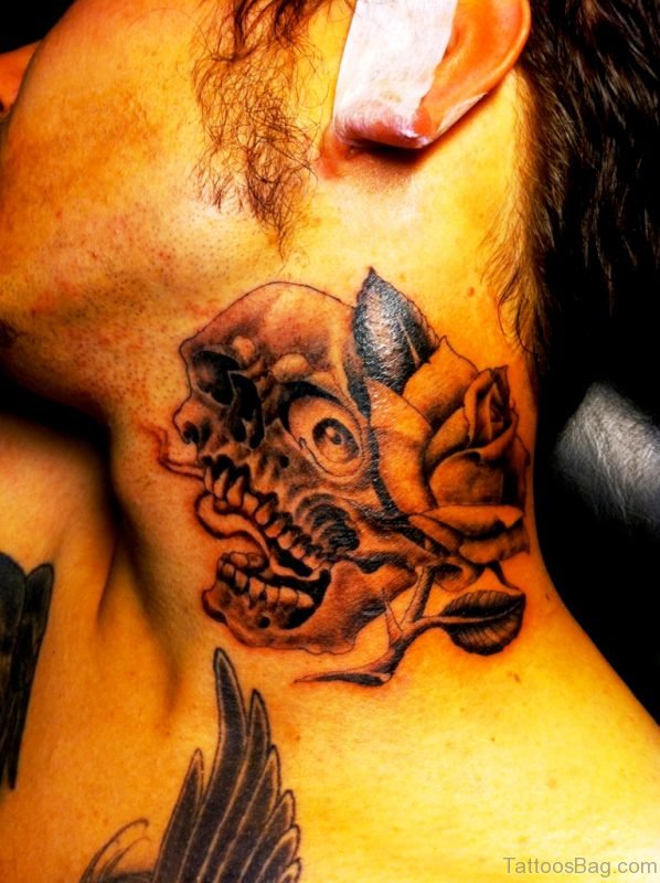 Skull And Rose Flower Tattoo On Neck