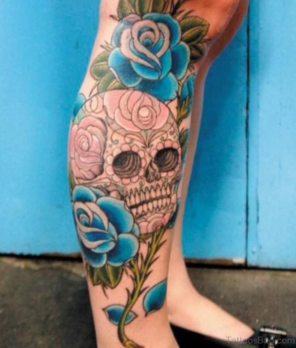 Skull And Rose Leg Tattoo