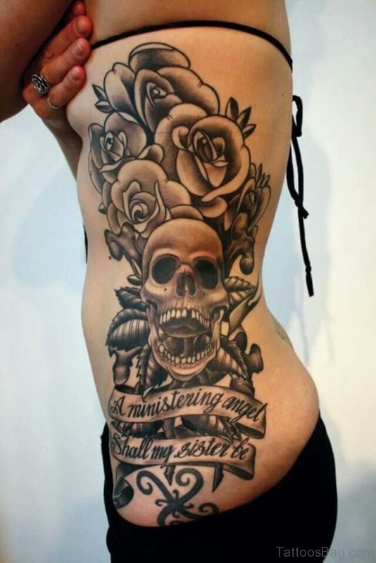 Skull And Rose Tattoo On Rib