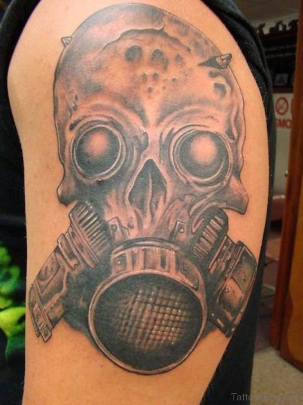 Skull Gas Mask Tattoo On Shoulder 