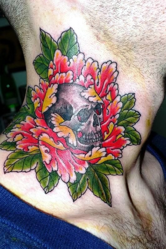 Skull In Flower Tattoo On Neck