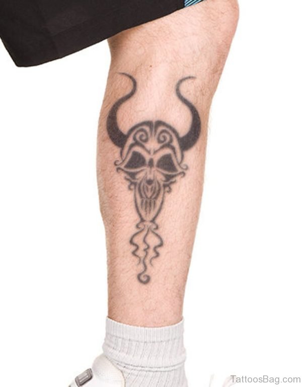 Skull With Horn Tattoo on Leg