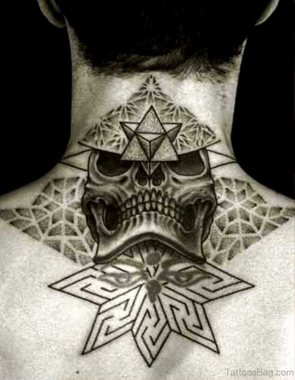 Skull With Star Tattoo On Neck