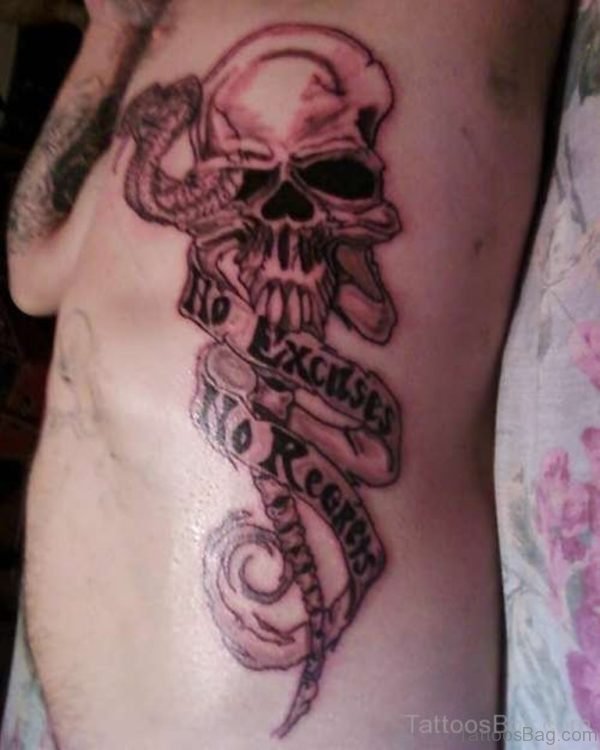 Skull and Snake Tattoo On Rib