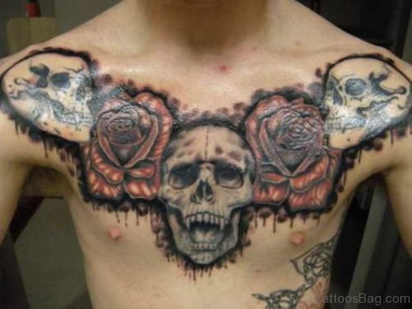 Skulls And Rose Tattoo On Chest