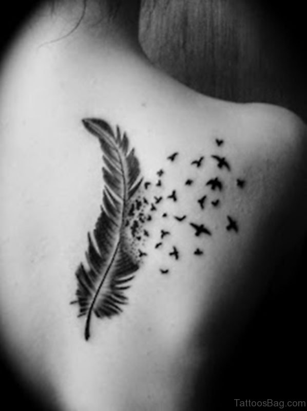Small Birds And Feather Tattoo On Back