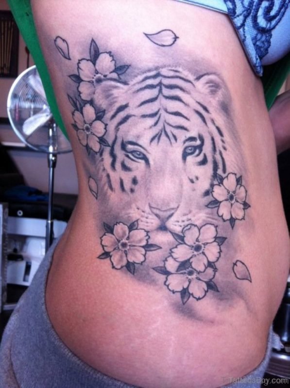 Small Flowers And Tiger Tattoo