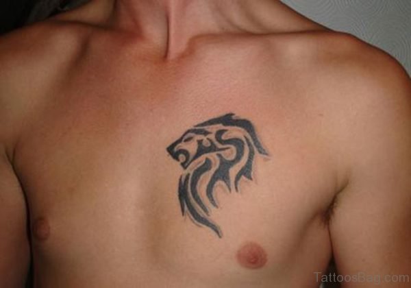Small Tribal Lion Tattoo On Chest For Men