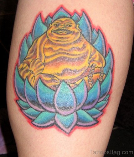 Smiling Buddhist Tattoo On Shoulder