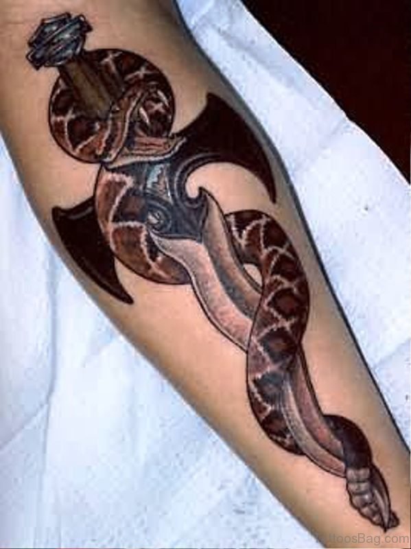 Snake And Dagger Tattoo On Arm Sleeve