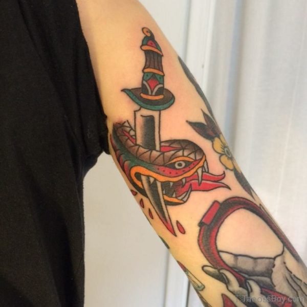 Snake And Dagger Tattoo On Shoulder