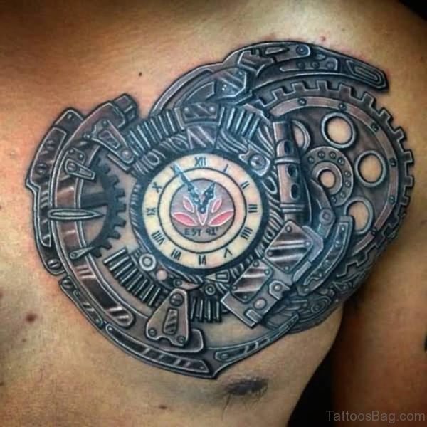 Steampunk Clock Tattoo On Man Chest