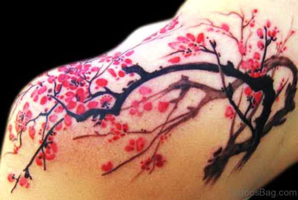 Stunning Cherry Blossom Tattoo On Shoulder Back