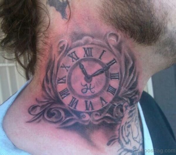 Stunning Clock Tattoo On Neck