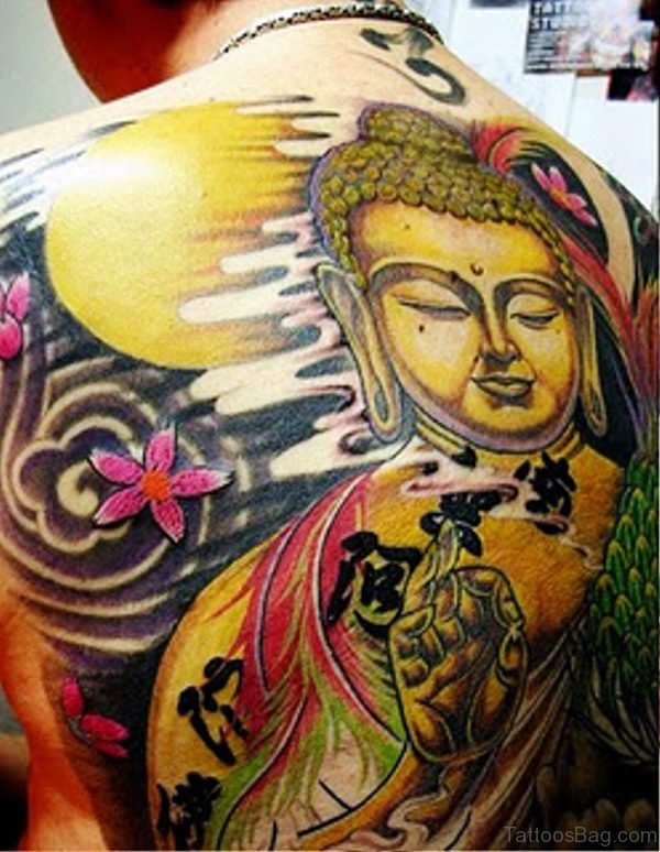 Stunning Colorful Buddha Tattoo On Back