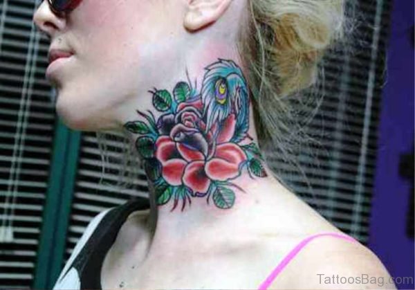 Stunning Peacock Feather And Rose Tattoo On Neck