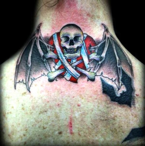 Stylish Bat Skull Tattoo On Neck