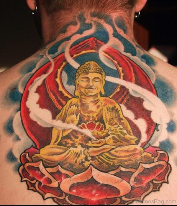 Stylish Buddhist Tattoo On Upper Back