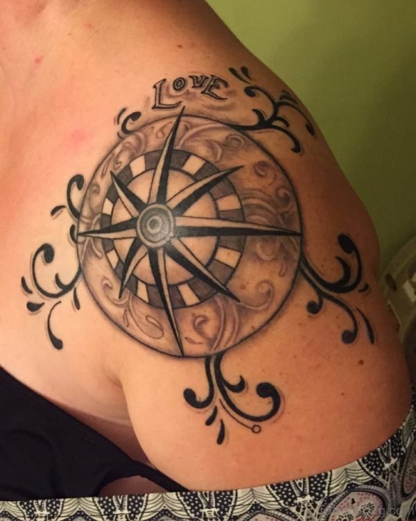 Stylish Compass Tattoo Design On Shoulder