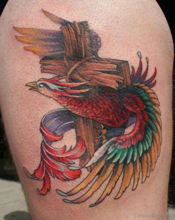 Stylish Phoenix And Cross Tattoo