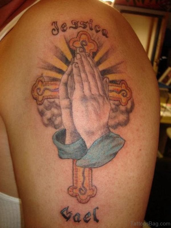 Stylish Praying Hands Tattoo On Shoulder