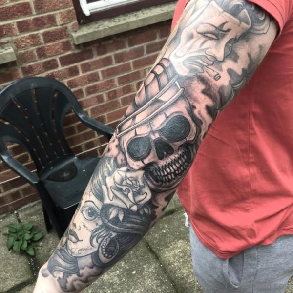 Stylish Skull Tattoo On Full Sleeve