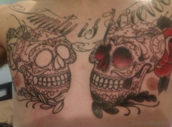 Sugar Skull And Family Tattoo On Chest