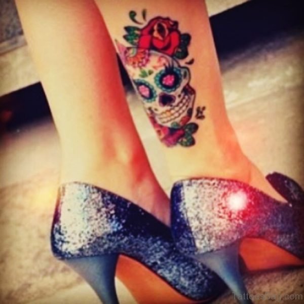 Sugar Skull And Rose Tattoo On Ankle