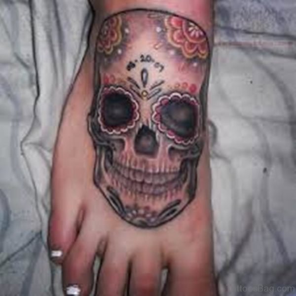 Sugar Skull Grey Ink Tattoo On Foot