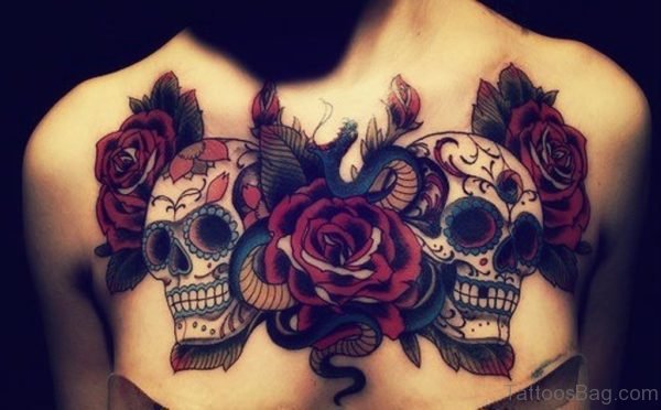 Sugar Skulls And Rose Tattoo On Chest