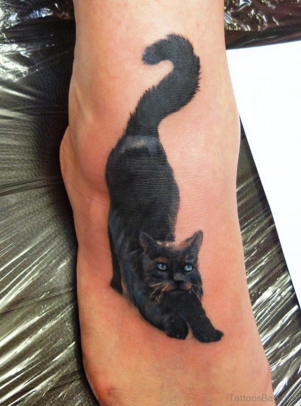 Superb Black Cat Tattoo On Foot