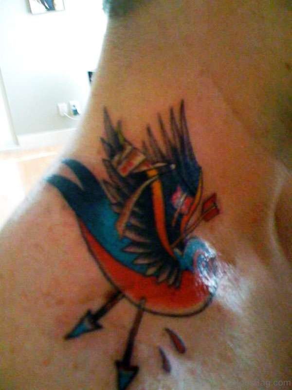 Sweet Colored Bird Tattoo On Neck