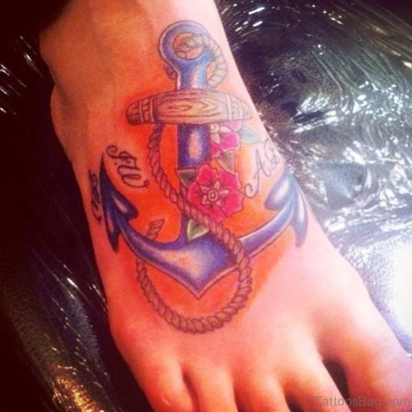 Sweet Colorful Anchor Tattoo On Foot 