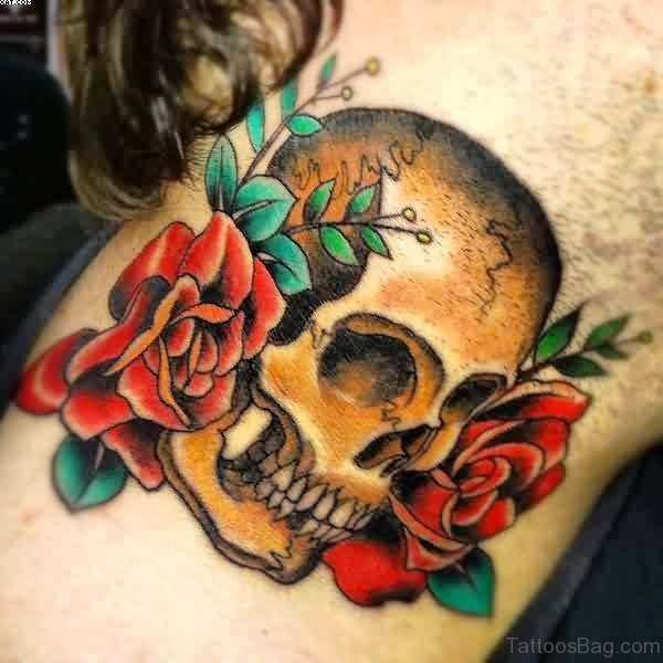 Sweet Rose And Skull Tattoo On Neck