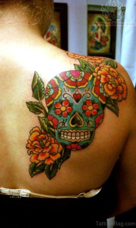 Sweet Skull Tattoo On Shoulder Back 