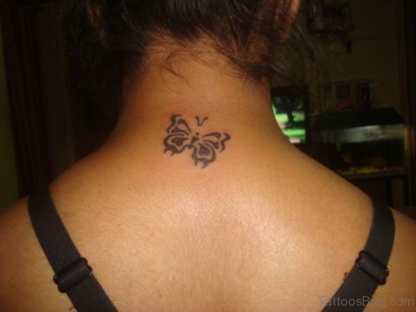 Sweet Tribal Butterfly Tattoo On Neck
