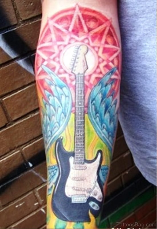 Terrific Colouful Guitar Tatto On Forearm