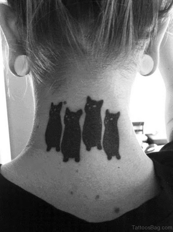 Three Black Cats Tattoo On Neck
