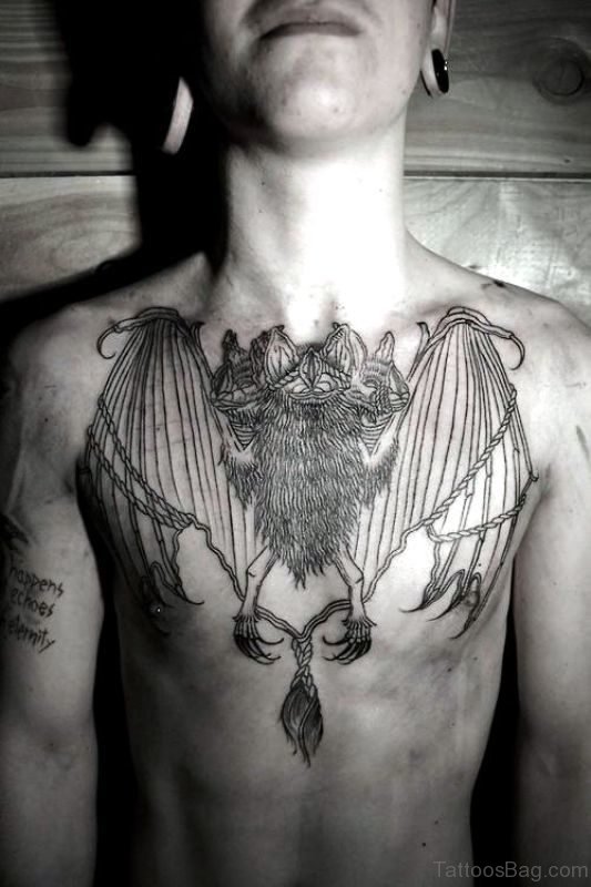 Three Headed Bat Tattoo On Chest