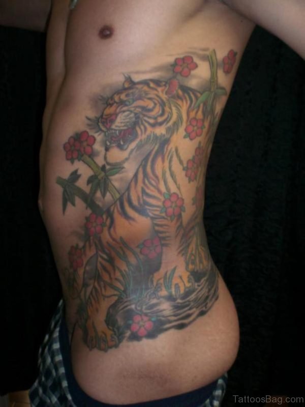 Tiger And Flowers Tattoo