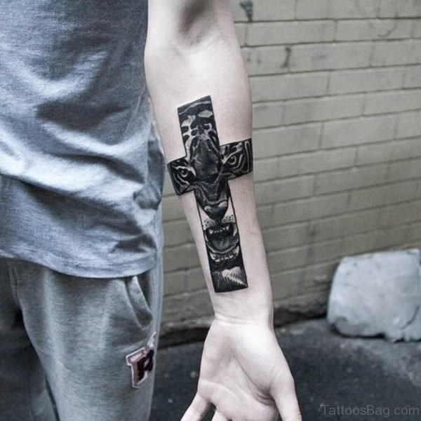 Tiger Cross Tattoo On Arm
