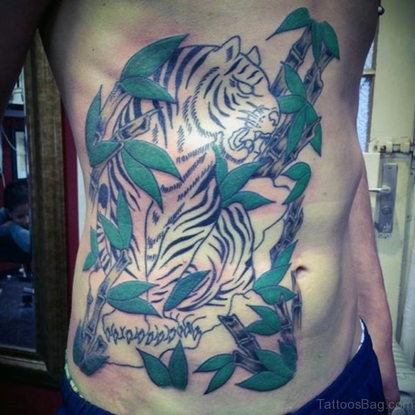 Tiger With Green Bamboo Tattoo