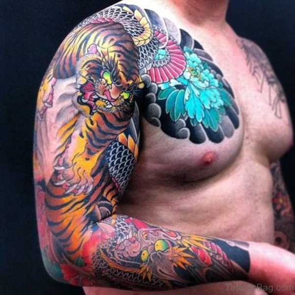 Tiger and Dragon Full Sleeve Tattoo