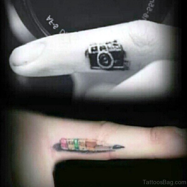 Tiny Camera Tattoo On Finger