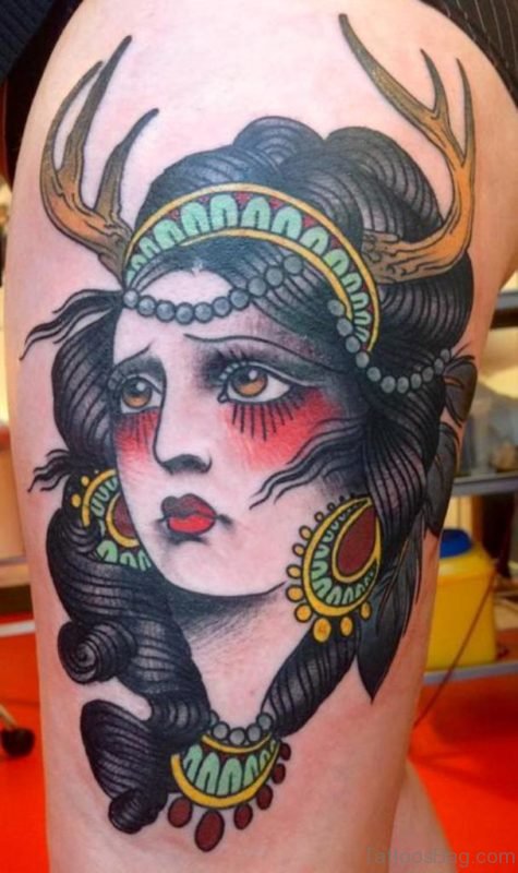 Traditional Gypsy Head Tattoo On Thigh