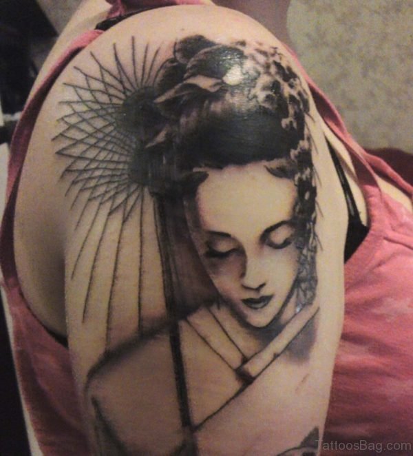 Traditional Japanese Geisha Tattoo On Shoulder