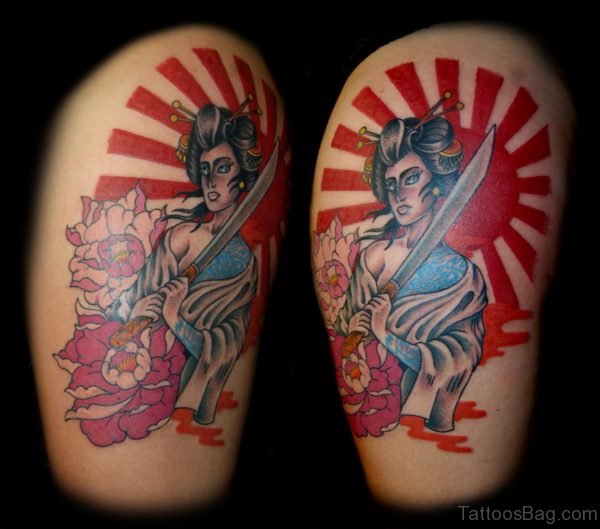 Traditional Japanese Geisha Tattoo On Thigh