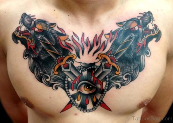 Traditional Wolf Head Tattoos On Man Chest