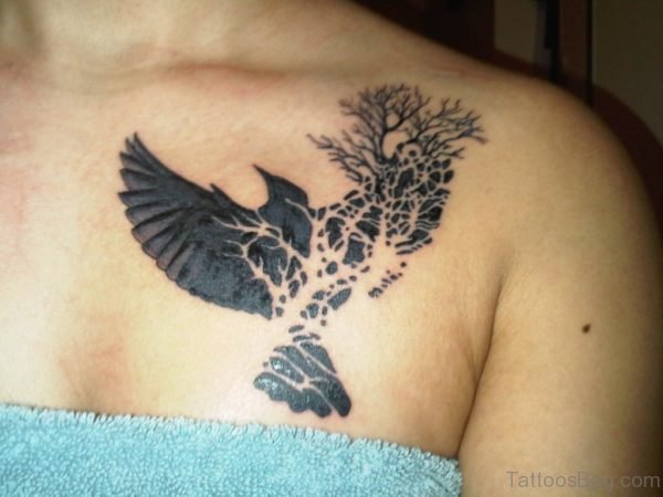Tree And Bird Tattoo on chest 