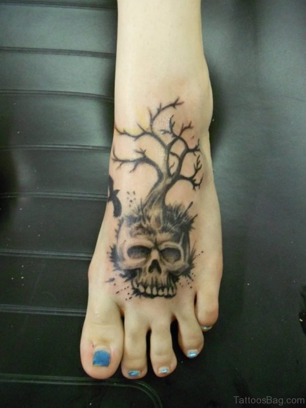 Tree And Skull Tattoo On Foot